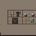 Wall Mounted Wooden Shelf Featuring Potted Plant Coffee Pot White Cups Brown Jars and Art
