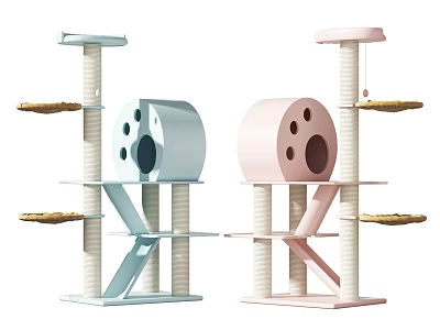 Blue and Pink Cat Tree with Multiple Platforms and Circular Condo for Cats 3d model