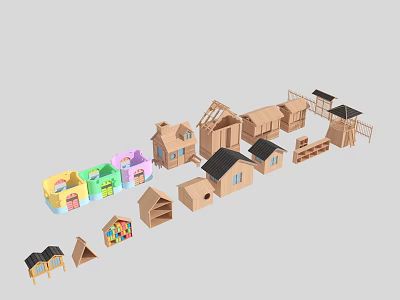Colorful Wooden House Models With Various Designs Windmill And Roof Styles 3d model