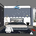 Kids Room Interior With Dark Blue Walls Star Moon Decor Cloud Headboard And Airplane Chandelier