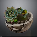 Cracked Ceramic Succulent Planter With Green Red Edge Plants And Small Pebbles