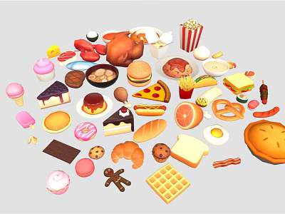Variety Of Tasty Foods With Desserts Fast Food Baked Goods And Fruits 3d model