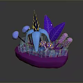 Colorful Plants with Blue Mushroom Shapes Large Purple Leaves and Purple Dotted Small Flowers