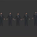 Five Police Officer Figurines Standing In A Row On Black Reflective Surface