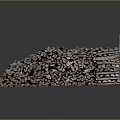 Stacked Wood Logs Pile Next To Stone Blocks In Dark Reflective Background