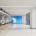 Modern Reception Area with Long Desk Computers Large Screen Vending Machines and Bright Spacious Interior 3d model