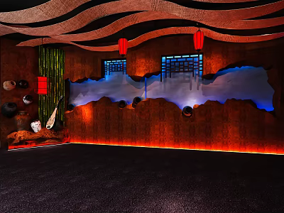 Chinese Style Interior Featuring Wavy Wooden Ceiling Red Lanterns Bamboo Curtains And Landscape Decoration 3d model