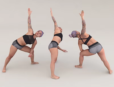 Women Doing Yoga Poses With Tattoos Purple Hair Sports Bra Gray Shorts From Different Angles 3d model