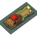 Industrial Machinery Equipment With Red Structure Glowing Orange Elements Platform Warning Stripes And Yellow Lights