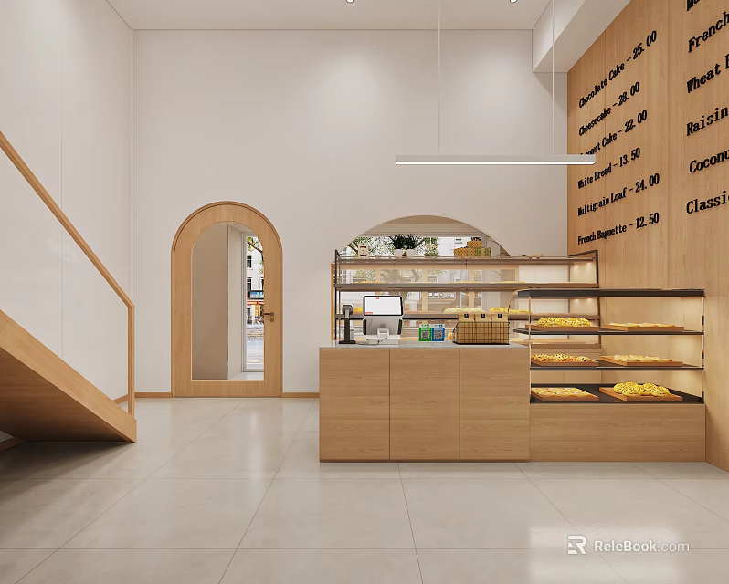 Cozy Dessert Shop Interior Featuring Wooden Counter Display Shelves Arched Doorway And Wall Signage 3d model 