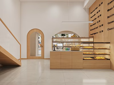 Cozy Dessert Shop Interior Featuring Wooden Counter Display Shelves Arched Doorway And Wall Signage 3d model