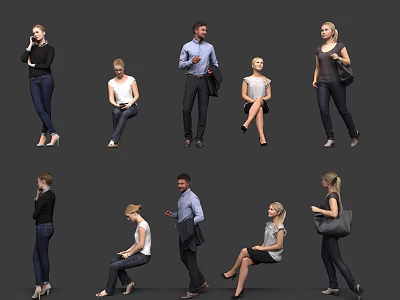 Diverse People in Various Standing and Sitting Poses with Casual Clothing 3d model