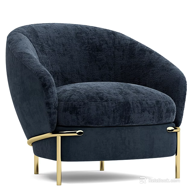 Navy Blue Velvet Single Sofa with Curved Armrests and Golden Metal Legs Modern Elegant Design 3d model 