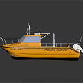 Yellow Rescue Boat With White Railing And Safety Equipment On Water