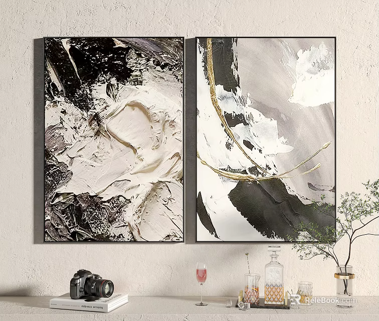 Abstract Wall Art Paintings With Black White Gold Brush Strokes And Home Decor Elements 3d model 
