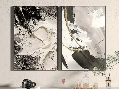 Abstract Wall Art Paintings With Black White Gold Brush Strokes And Home Decor Elements 3d model