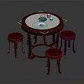 Dark Wooden Round Table With Tea Set And Three Checkerboard Pattern Stools 3d model