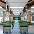 Modern Laboratory Interior With Green Lab Benches And Fume Hoods