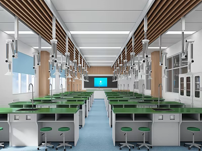 Modern Laboratory Interior With Green Lab Benches And Fume Hoods 3d model