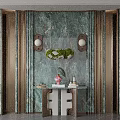 Luxurious Foyer Entryway With Green Marble Wall Gold Accents Wall Sconces And Console Table