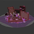 Cartoon Scene With Fallen Red Bookshelves Scattered Books And Kids On Purple Ground