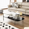 Modern Glass Top Coffee Table With Metal Frame And Black Shelf In Living Room