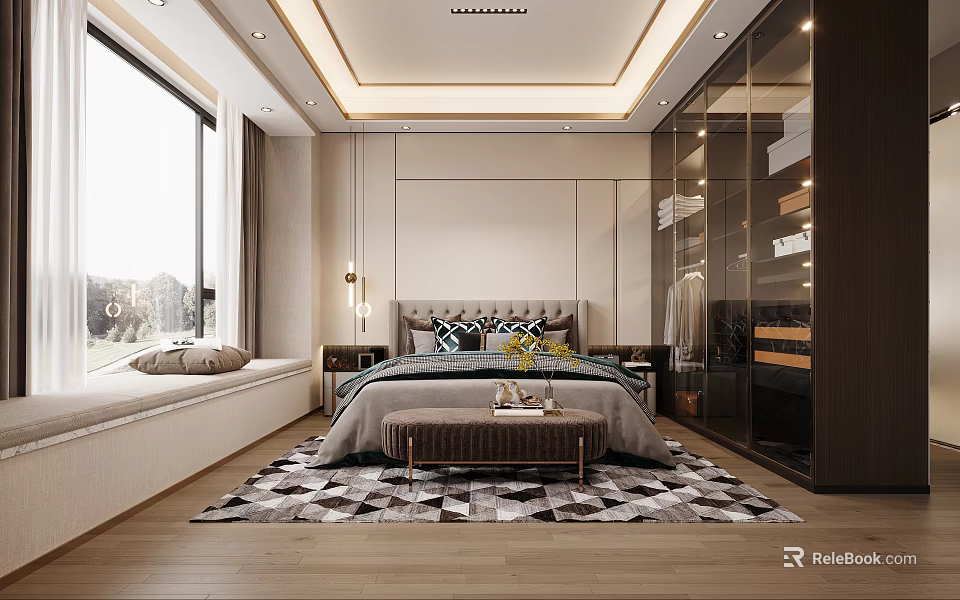 Modern Bedroom Interior With Large Windows Window Seat Bedside Tables And Plush Rug 3d model 