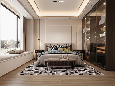 Modern Bedroom Interior With Large Windows Window Seat Bedside Tables And Plush Rug 3d model