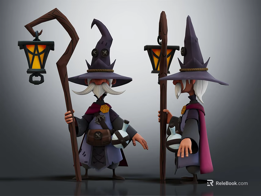 Magical Wizard Figures With Pointed Hats Beards Robes And Lantern Staffs 3d model 