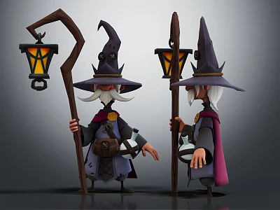 Magical Wizard Figures With Pointed Hats Beards Robes And Lantern Staffs 3d model