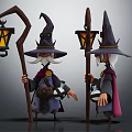 Magical Wizard Figures With Pointed Hats Beards Robes And Lantern Staffs 3d model