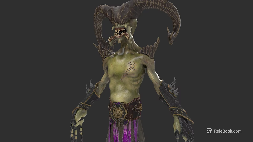 Mythical Demon Creature with Curved Horns Green Skin Sharp Teeth Tattoos Purple Pants and Claws 3d model 