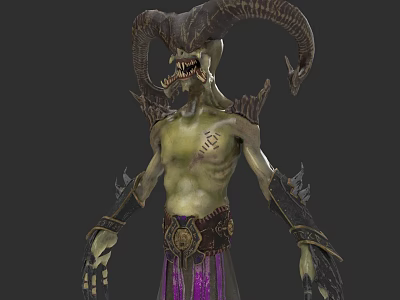 Mythical Demon Creature with Curved Horns Green Skin Sharp Teeth Tattoos Purple Pants and Claws 3d model
