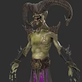 Mythical Demon Creature with Curved Horns Green Skin Sharp Teeth Tattoos Purple Pants and Claws