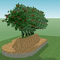 Wooden Circular Outdoor Chair with Stone Base and Green Tree Red Fruits in Grass Field