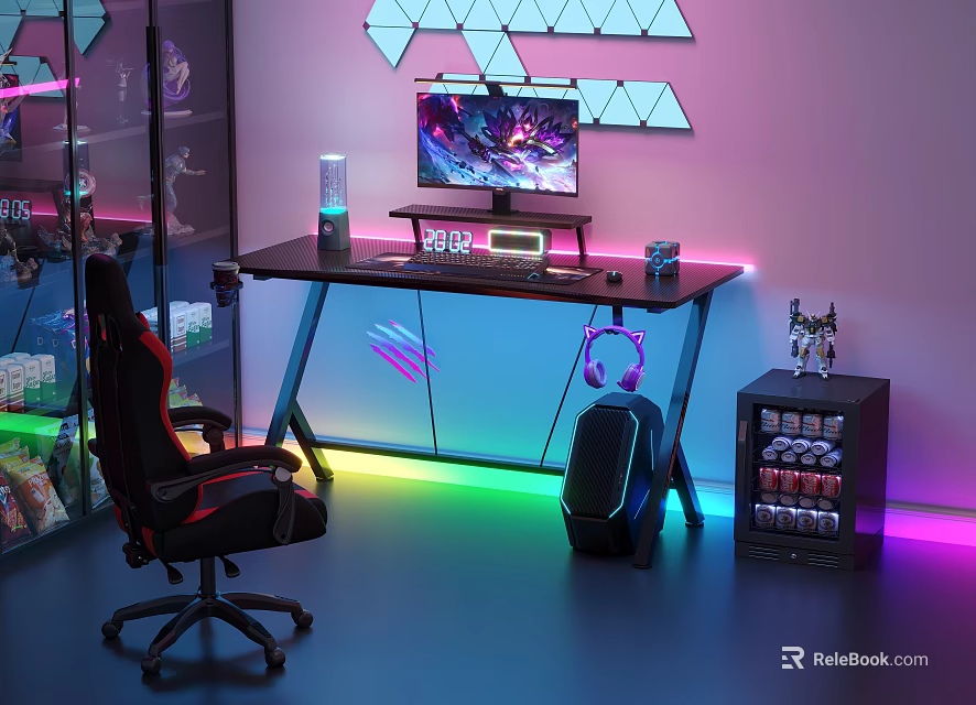 Gaming Desk Setup With RGB Lighting Monitor And Ergonomic Chair 3d model 
