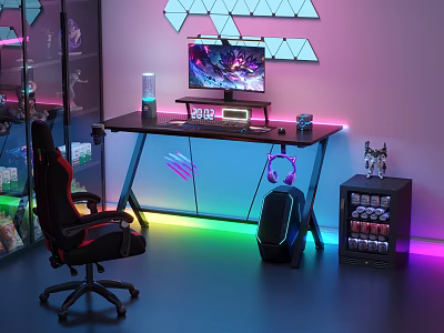 Gaming Desk Setup With RGB Lighting Monitor And Ergonomic Chair 3d model