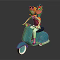 Cartoon Character Riding Blue Scooter With Pink Creature Red Top And Yellow Hat
