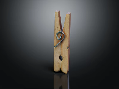 Essential Wooden Clothespin With Metal Spring For Household Drying Clothes 3d model