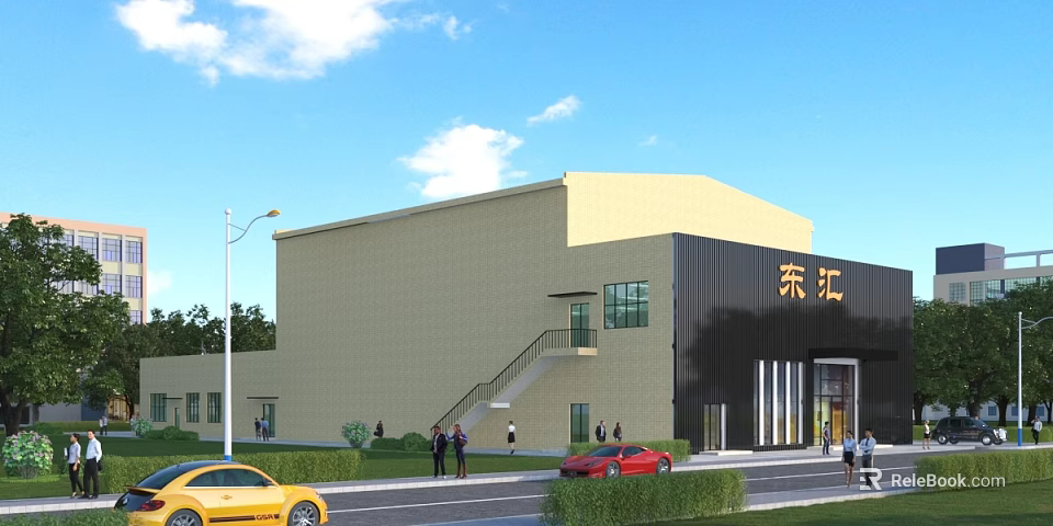 Beige And Black Office Building With Staircase People Around Cars On Street Blue Sky Background 3d model 