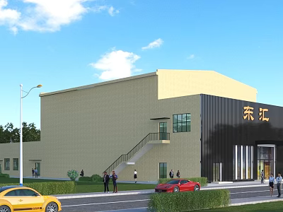 Beige And Black Office Building With Staircase People Around Cars On Street Blue Sky Background 3d model