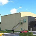 Beige And Black Office Building With Staircase People Around Cars On Street Blue Sky Background