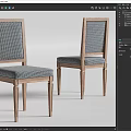 Classic Wooden Frame Dining Chairs With Blue Gray Checkered Upholstered Backrest And Seat