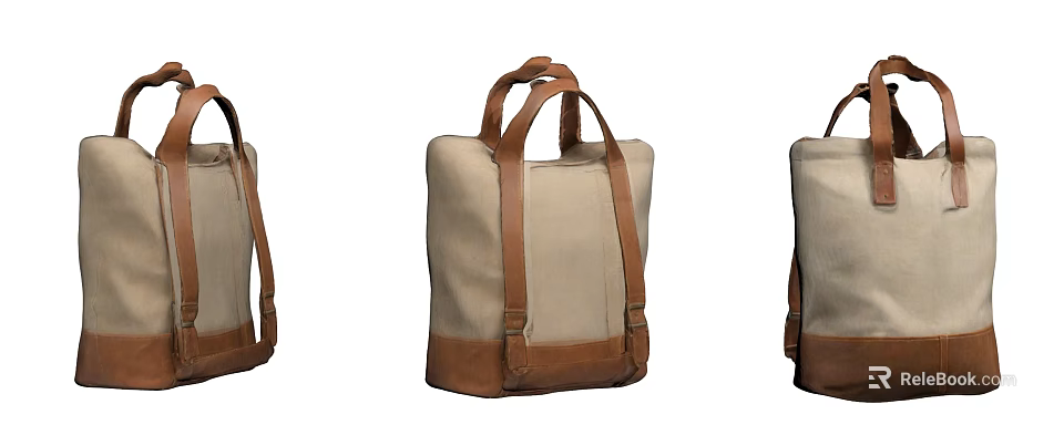 Beige Canvas Bag With Brown Leather Handles Backpack Straps And Leather Base 3d model 