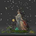 Ethereal Traditional Attire Female Figure With Floating Lights Lotus And Moon Lantern