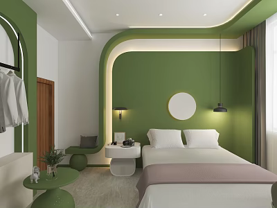 Modern Hotel Room Interior With Green Walls White Bed Round Mirror And Lighting 3d model