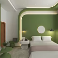 Modern Hotel Room Interior With Green Walls White Bed Round Mirror And Lighting