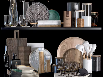 Assorted Kitchen Utensils Featuring Plates Jars Cutting Boards Spoons And Wine Glasses 3d model