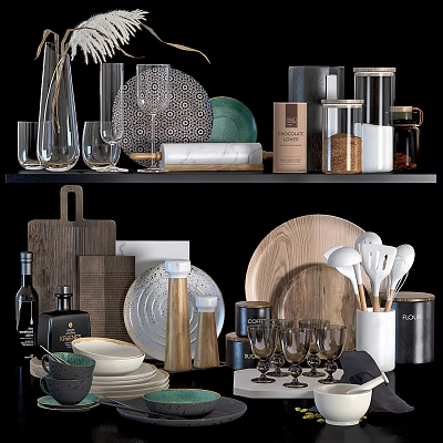 Assorted Kitchen Utensils Featuring Plates Jars Cutting Boards Spoons And Wine Glasses 3d model