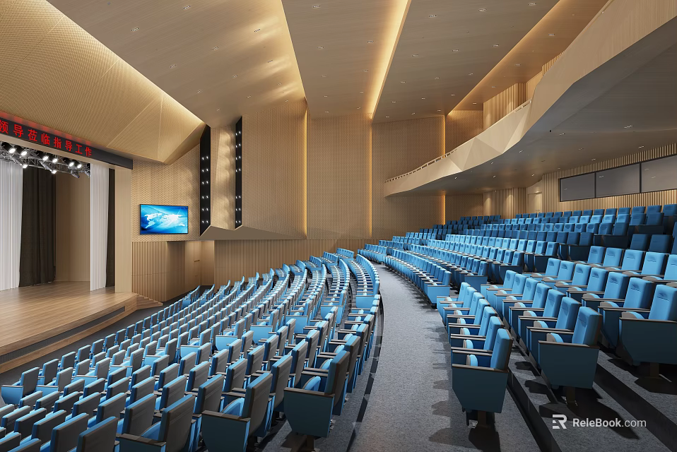 Modern Auditorium Interior With Blue Seats Stage Wooden Walls And Lighting Design 3d model 